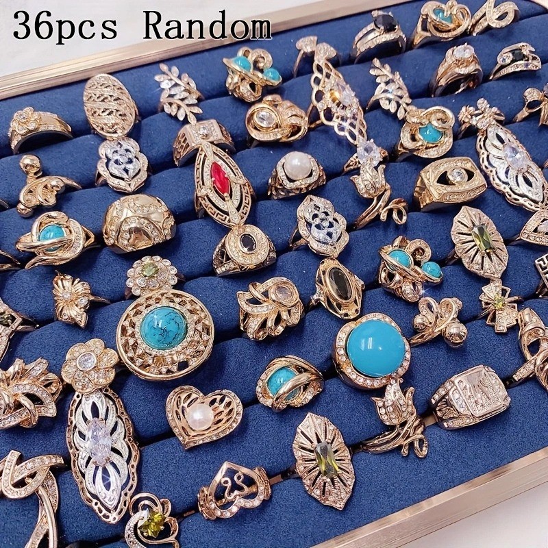 Wholesale 36pcs Rings Mixed Bulk Finger Rings Gemstones Crystal Jewelry Lot Boho