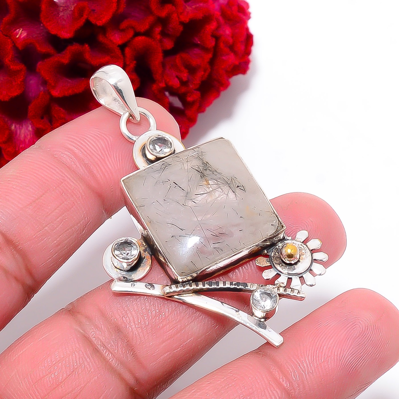 Black Rutilated Quartz – Brazil & White Topaz 925 Silver Pendant 2.34″ P10179950