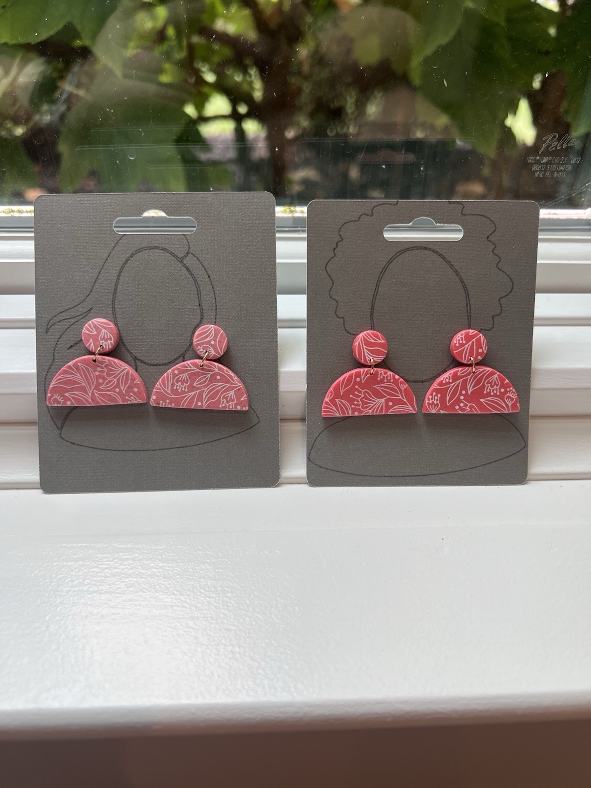 Clay Pink Floral Half Circle Dangle/Drop Stud Earrings 2 Pairs No Stone