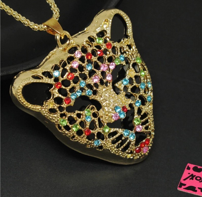 Betsey Johnson Pave MULTICOLOR Crystal Gold LEOPARD Pendant NECKLACE NWT