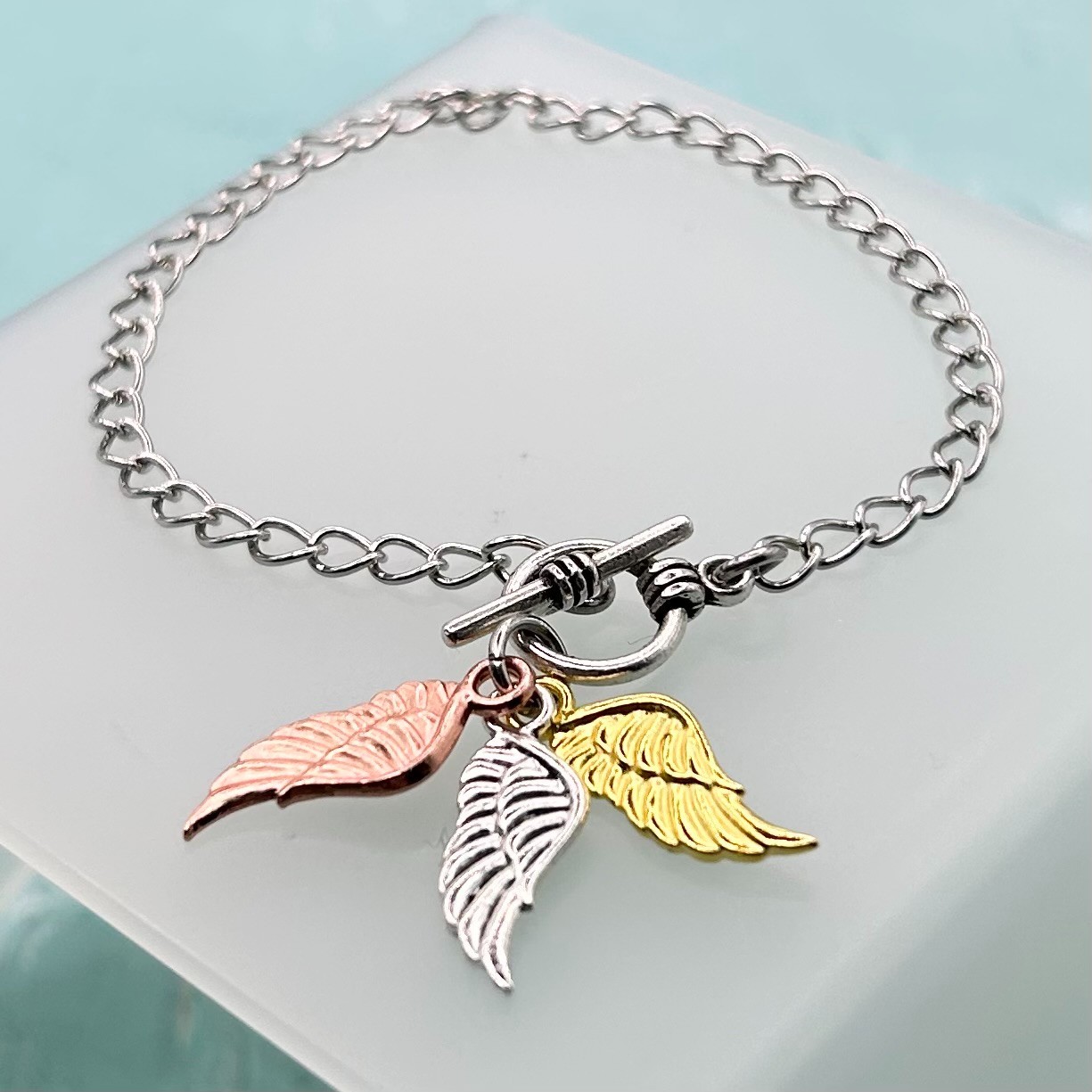 Mini Angel Wing Triple Pendant T-Bar Bracelet (Silver Chain) New Handmade