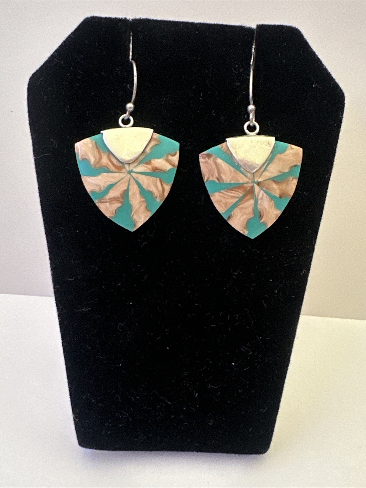 Turquoise Resin & Shell Drop Dangle Hook Earrings Sterling Silver
