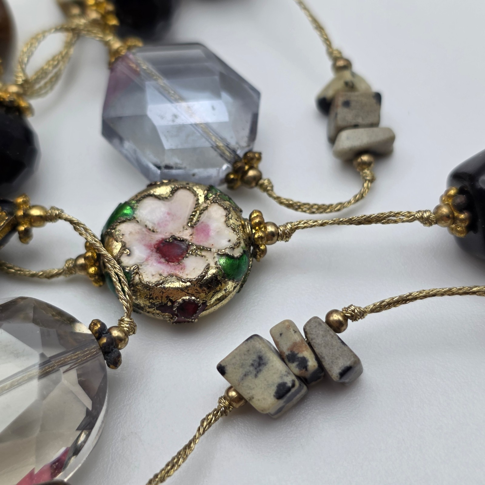 Premier Designs Retired Cloisonné Dalmatian Jasper Crystal Station Necklace 30″