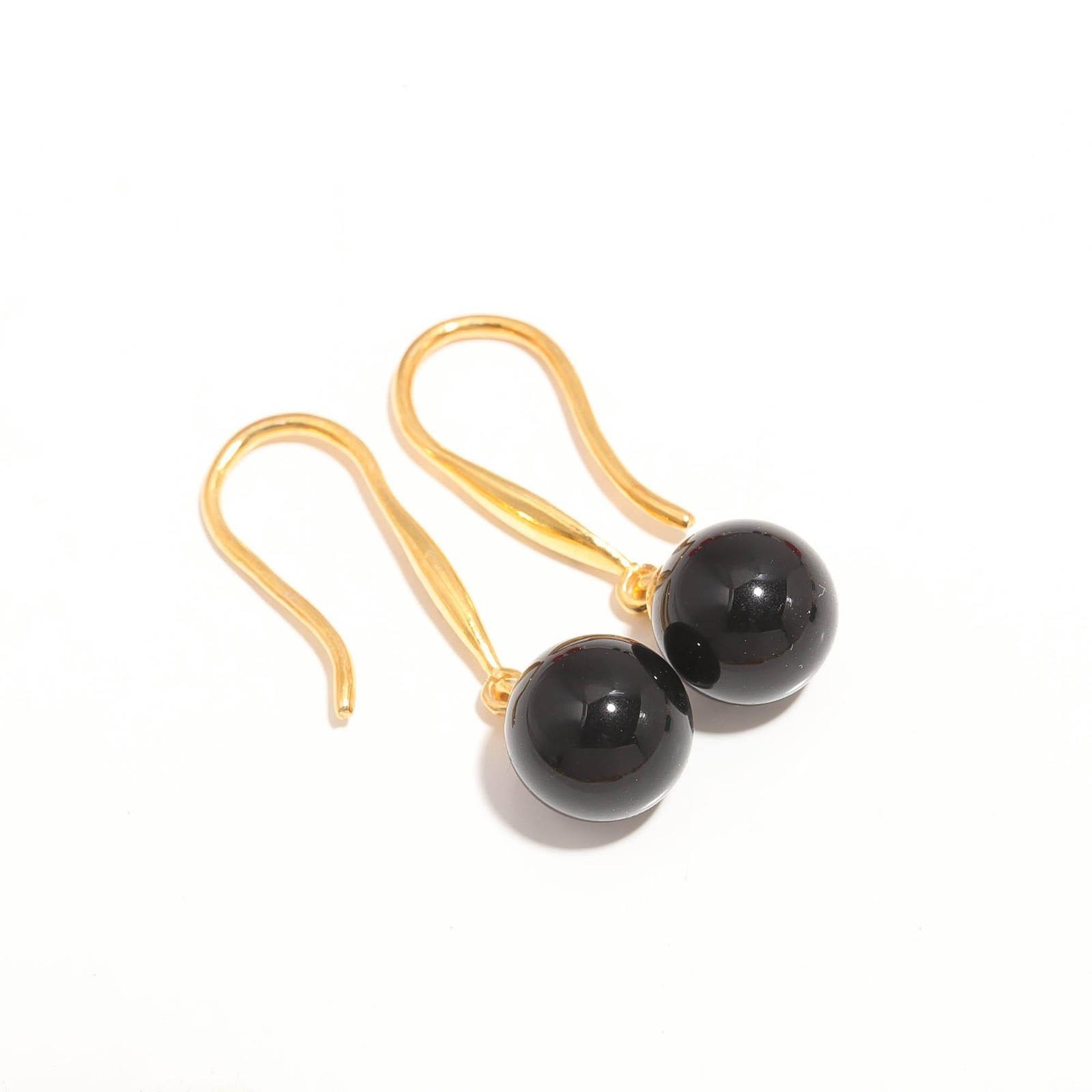 Natural Black Onyx Ball Dangle Earrings Gold Plated 925 Sterling Silver Jewelry