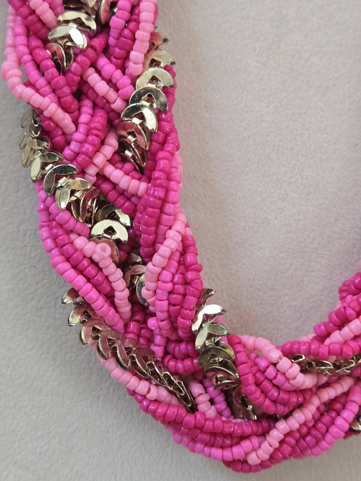 Pink / Fuchsia & Fishbone Link Braided Bead Necklace in Goldtone-Adj. 19-22 In.