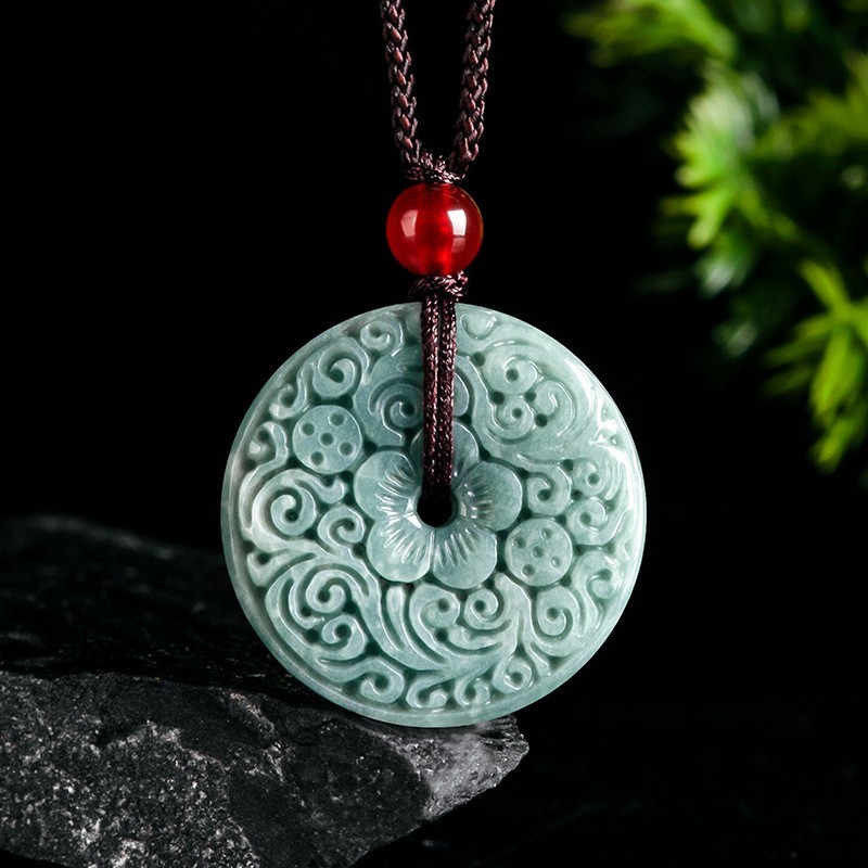 China Handcrafted Jade Carving Flower Safety Pendant Natural Jadeite Lucky Gift