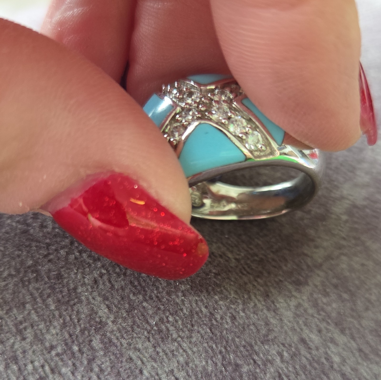 Silver Tone Blue Enamel Rhinestone Cocktail Ring Size 7 Pre-Owned
