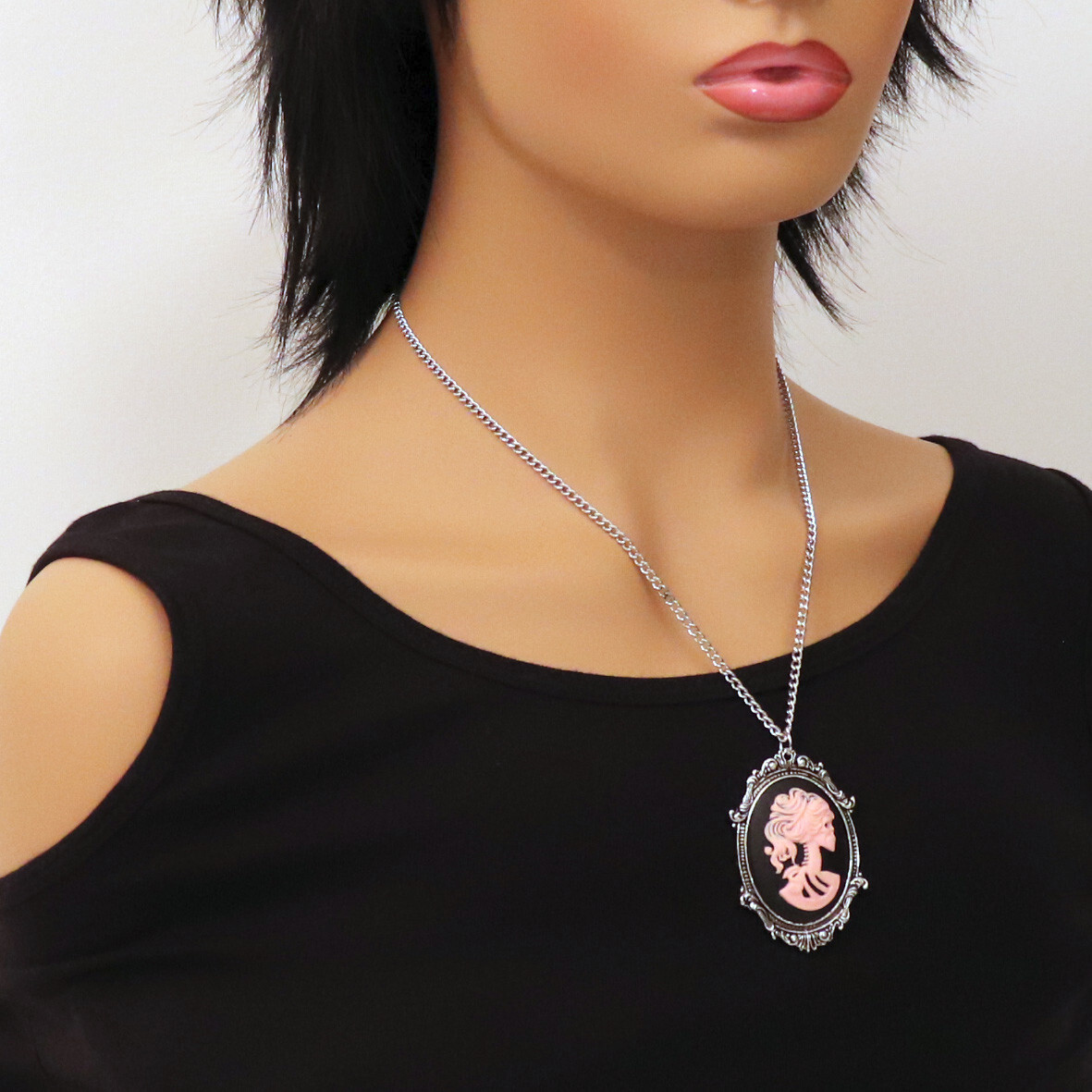 Gothic Lolita Skull Cameo Black & Pink in Silver Frame Pendant Necklace NK-629PB