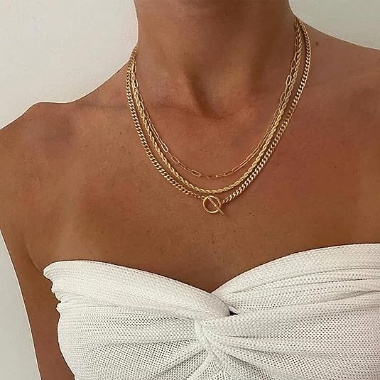 Layered Necklaces for Women Non Tarnish- Chunky 14K Gold Plated Herringbone
