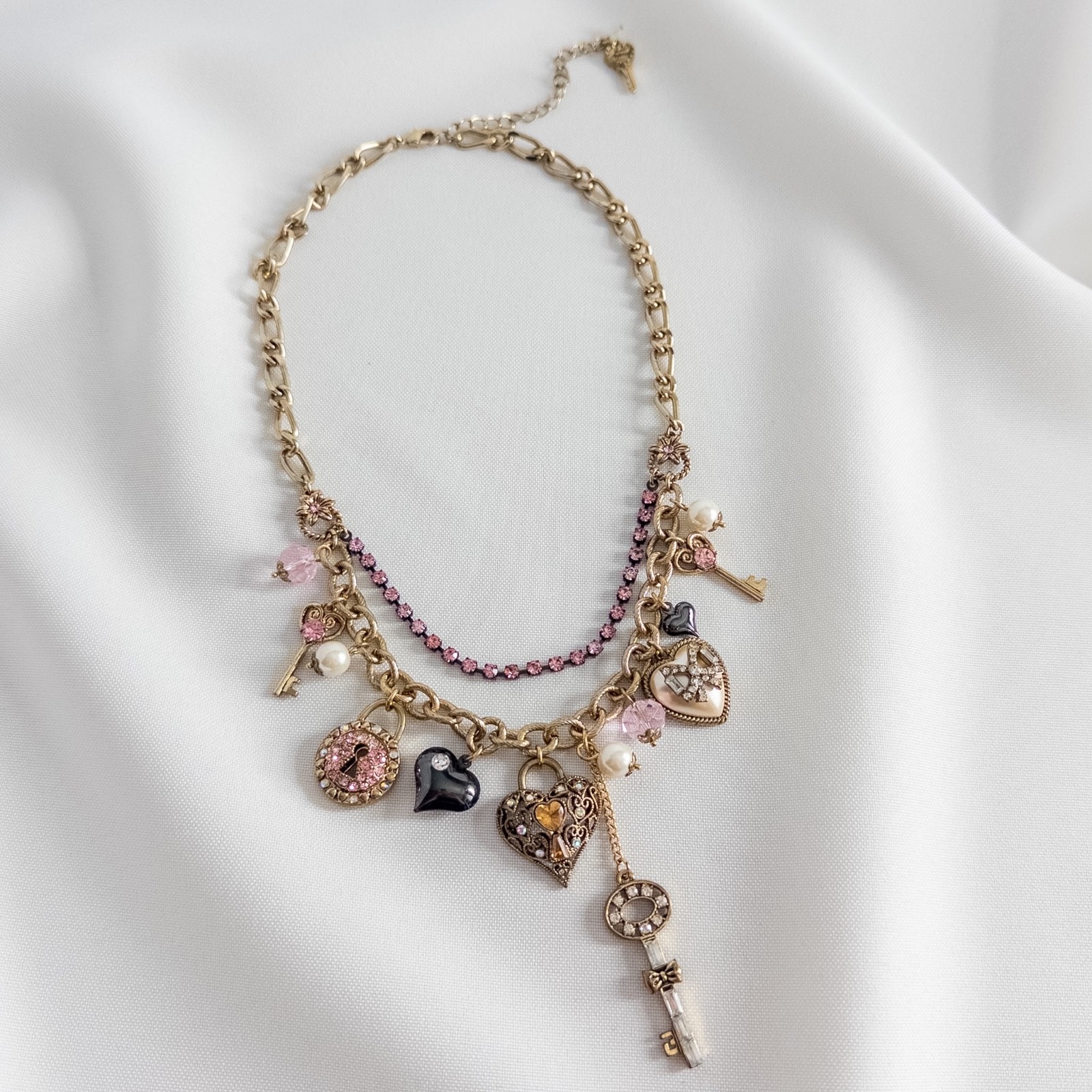 Betsey Johnson Love Birds Key Heart Pink Lock Flower Pearl Bead Necklace Rare