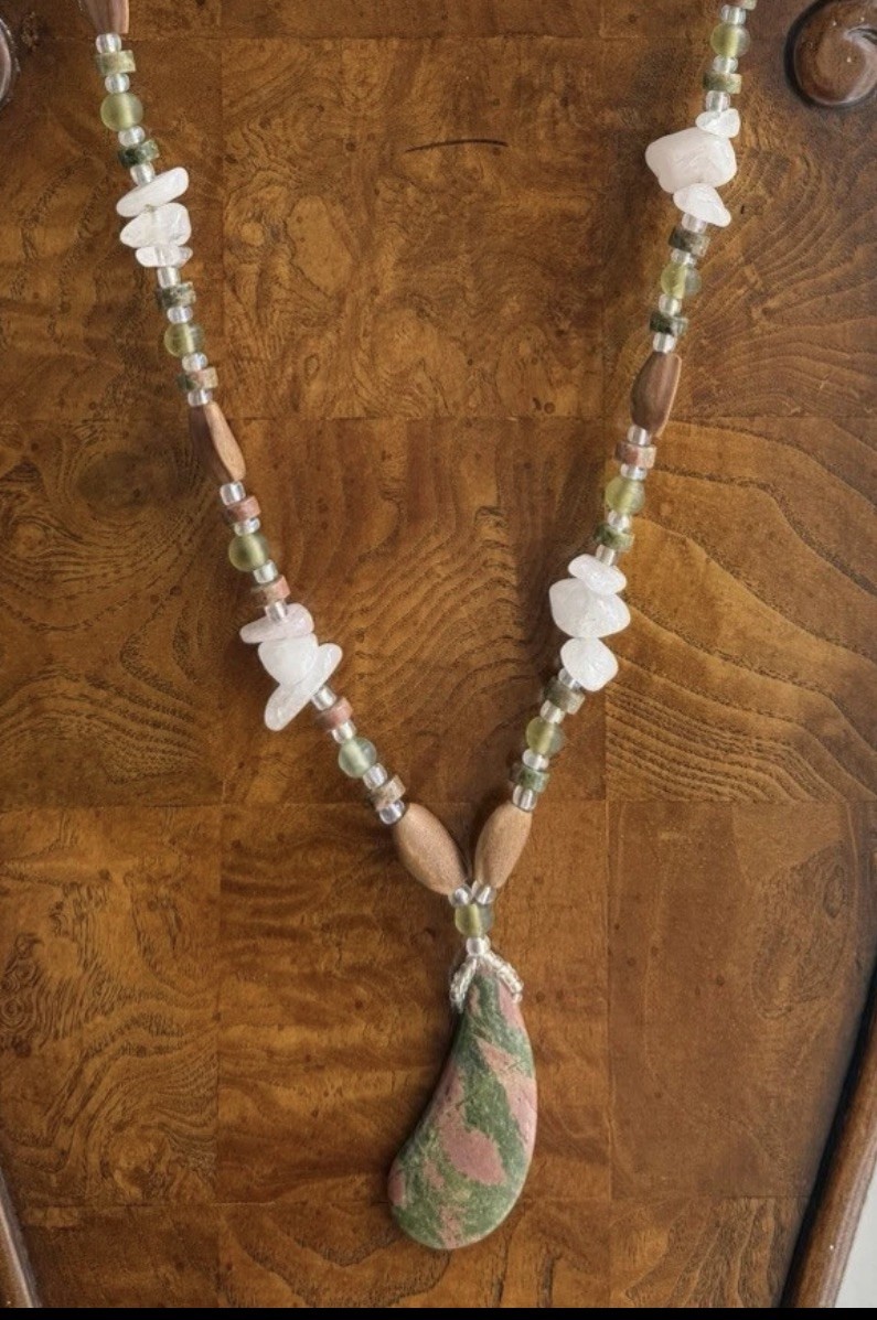 Unakite Jasper Pendant Beaded Necklace.