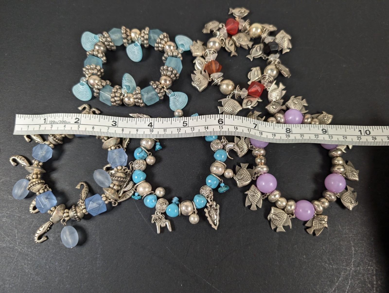 5 Beachy Beaded Bracelets Lot Silver Tone Metal Beads With Charms Fish Shrimp