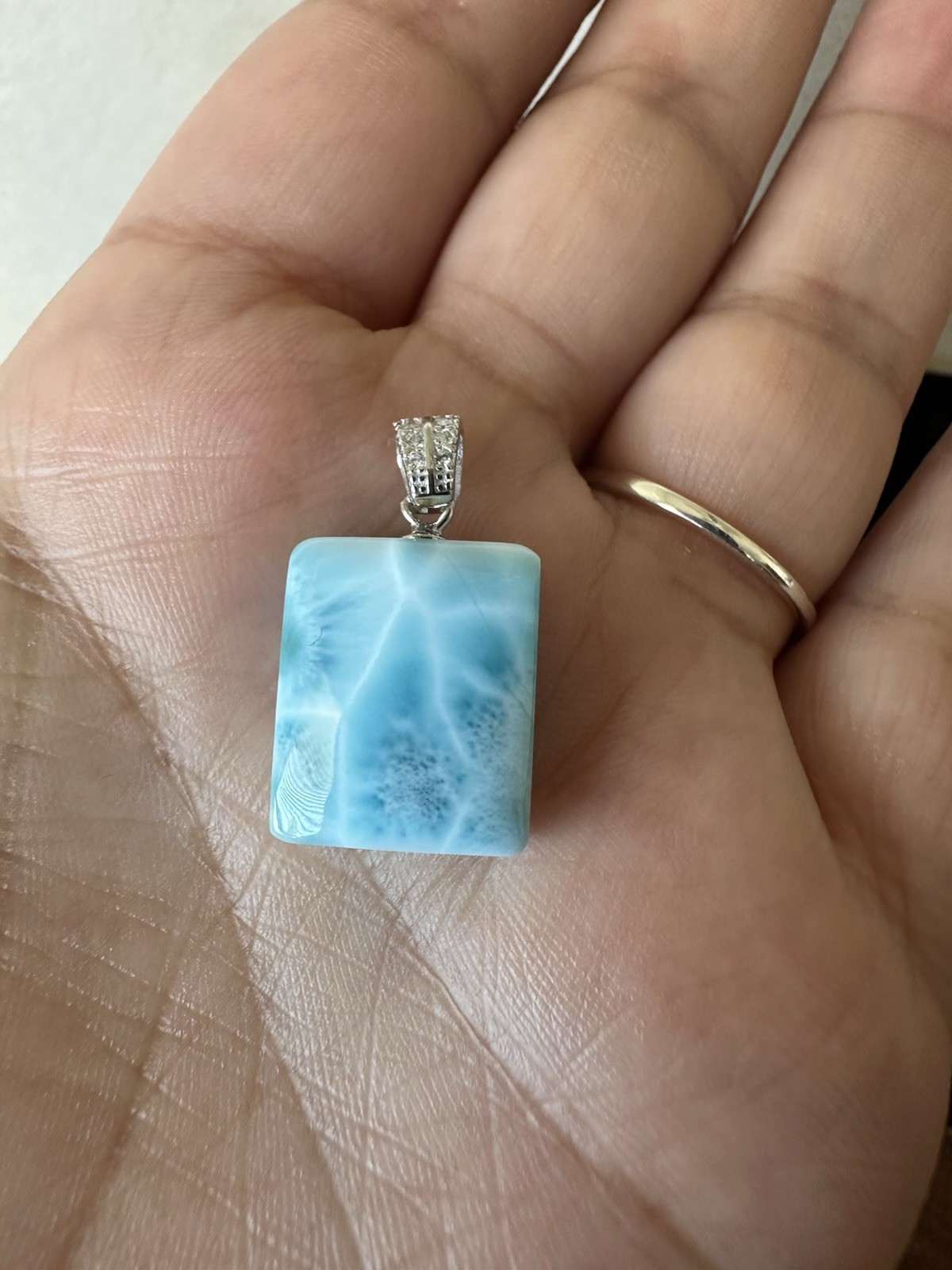 Square Blue Larimar Pendant, Signed Sterling Silver 925 (1 Stone)