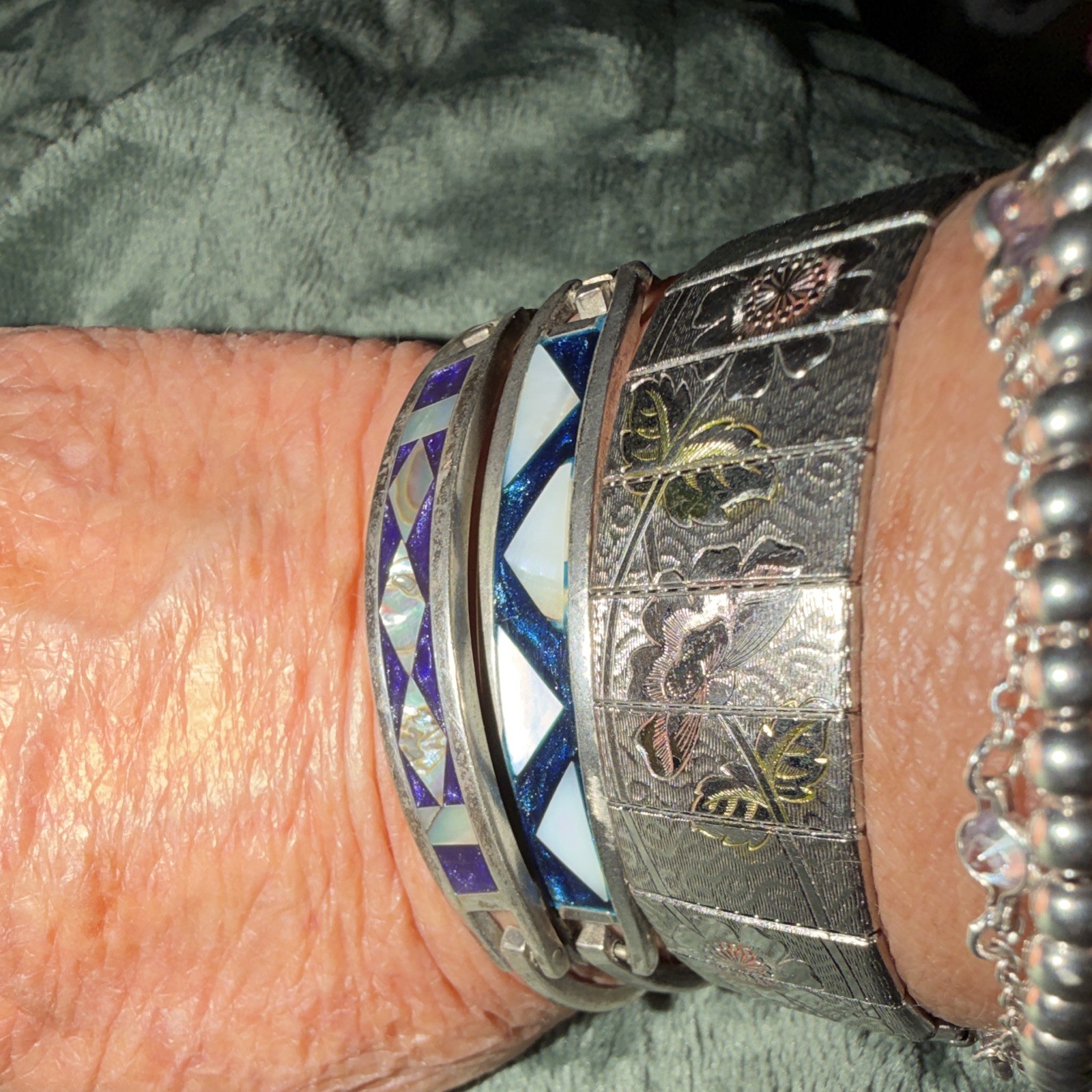 Silver Shell Inlay Cuff Bangle Bracelet, Blue & White Geometric