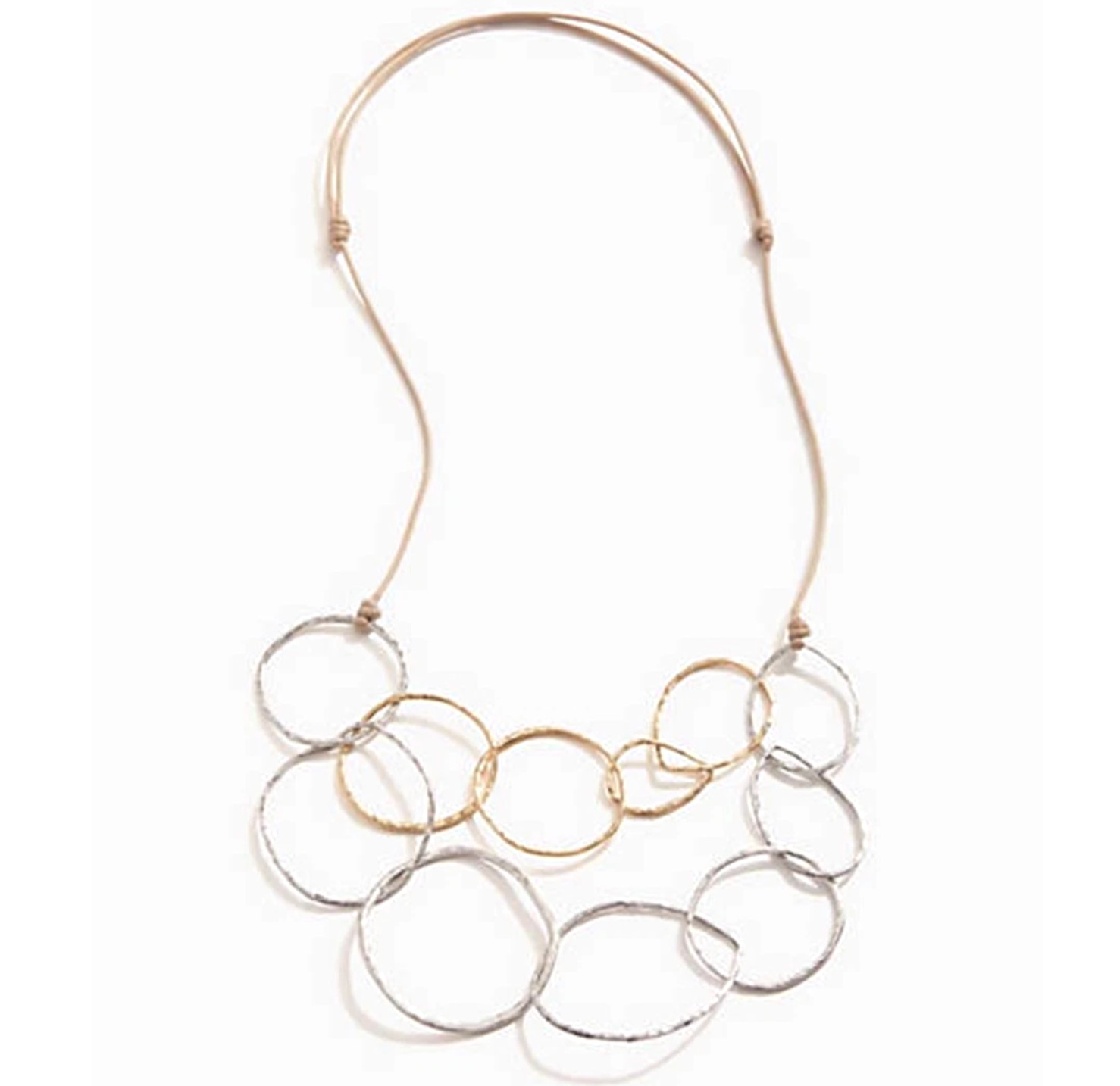 J. Jill Hammered Rings Necklace Mixed Metal Adjustable Cord Boho Artisan Coastal