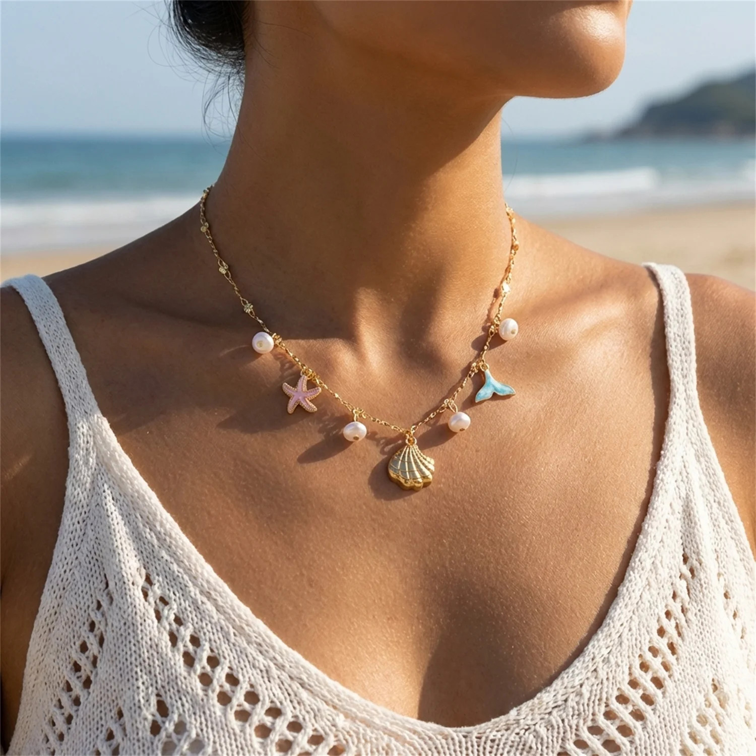 Boho Multilayer Starfish Shell Conch Pendant Necklace For Women Trendy Summer Be