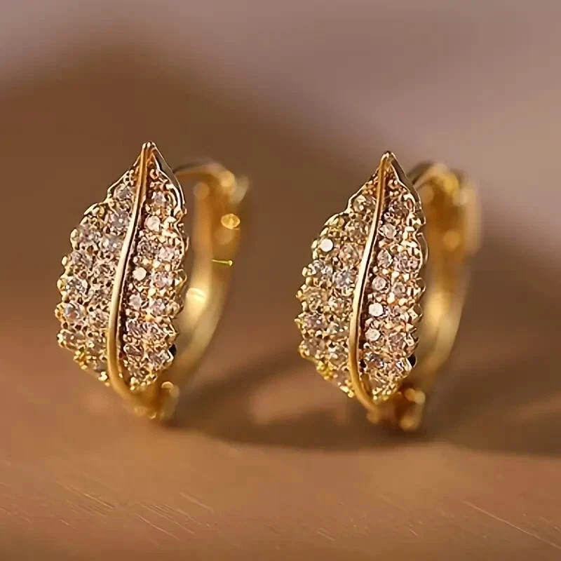 2 Ct Round Simulated Diamond Women’s Leaf Hoop Earrings 14k Yellow Gold Plated