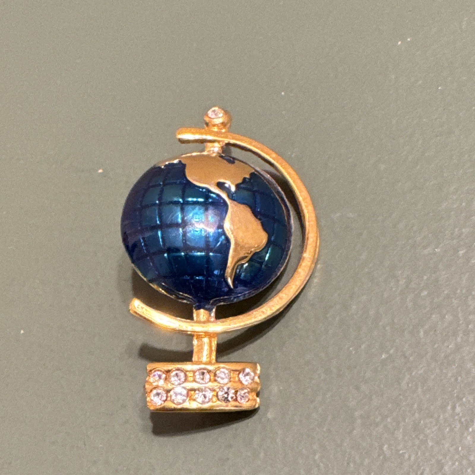 Gold Tone Blue Enamel Globe Brooch Pin Clear Round Rhinestones Travel Theme