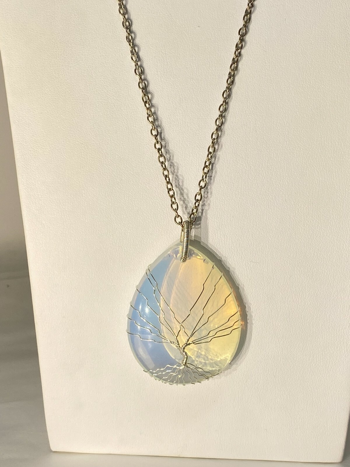Beautiful Silvertone Wire-Wrapped Milky Blue Glass Tree Pendant 24″ Necklace