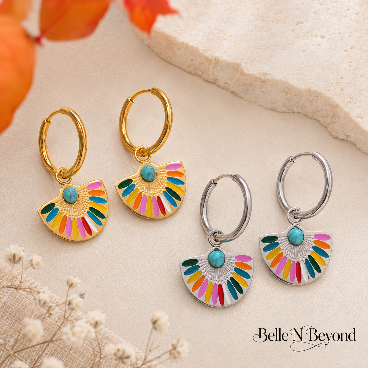 Colorful Fan Hoop Earrings Turquoise Enamel Gold Silver Boho Dangle Set