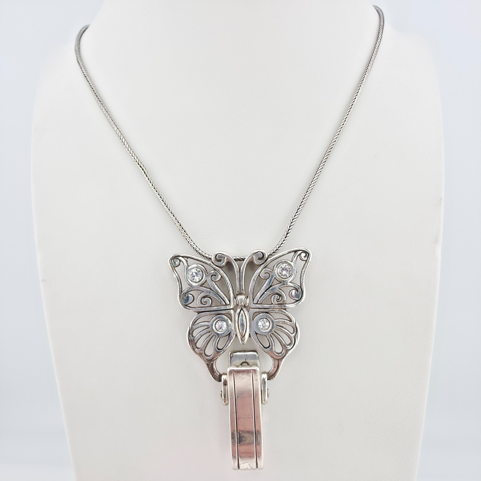 BRIGHTON Butterfly Badge ID Clip Lanyard Necklace Crystal Silver Plate 32″