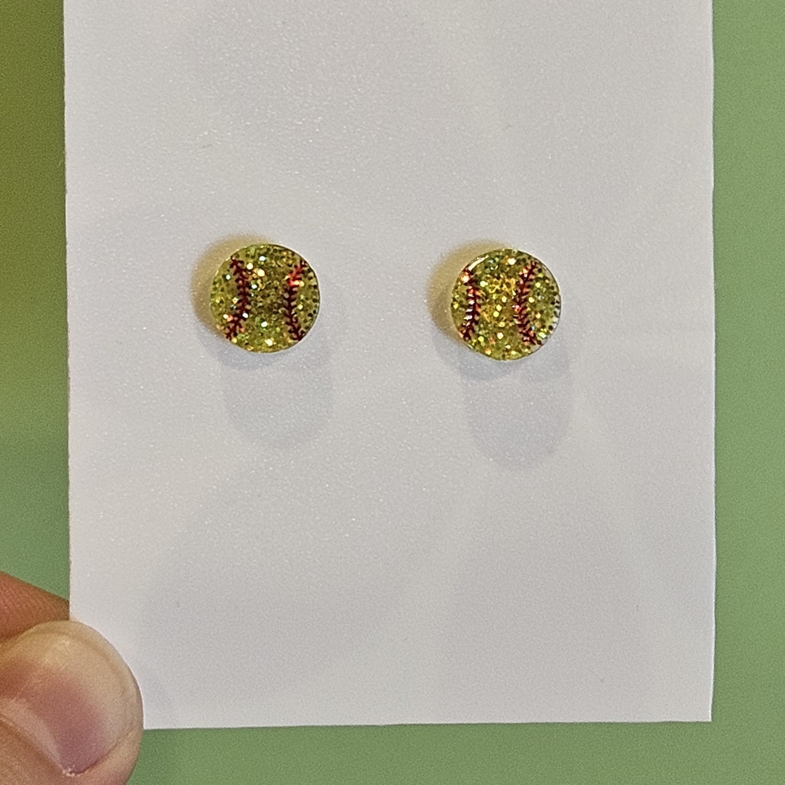 Gold Glitter Softball Baseball Round Stud Earrings Acrylic Sports