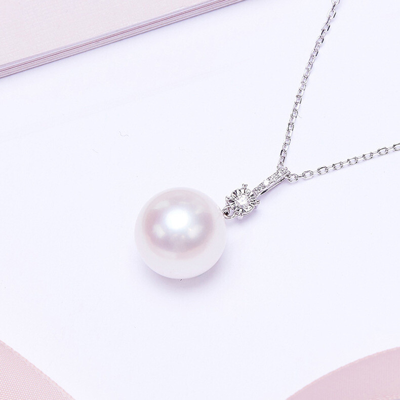 Women 925 Silver Round 10mm Pink Black White Shell Pearl CZ Pendant Necklace I78