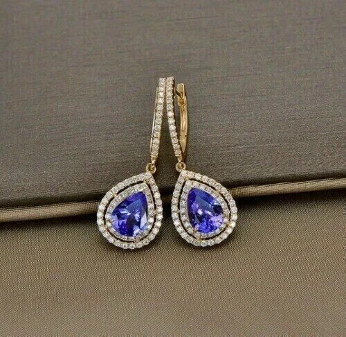 2Ct Pear Cut Simulated Tanzanite Halo Drop Dangle Earring 14K Yellow Gold Plated