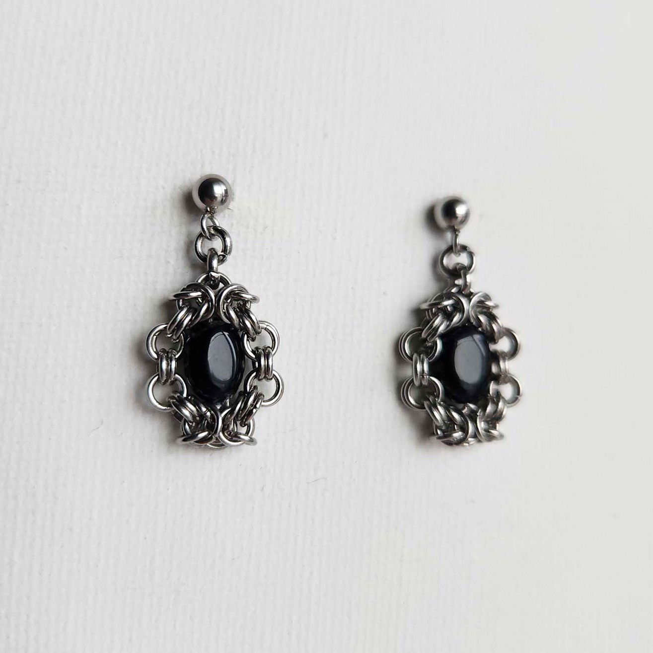 Victorian Gothic style black onyx and silver earrings made of stainless steel