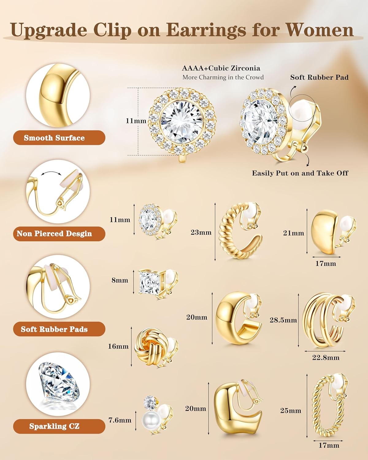 FIBO STEEL 10 Pairs Clip On Earrings for Women Non Pierced Ears CZ Pearl Knot Tw