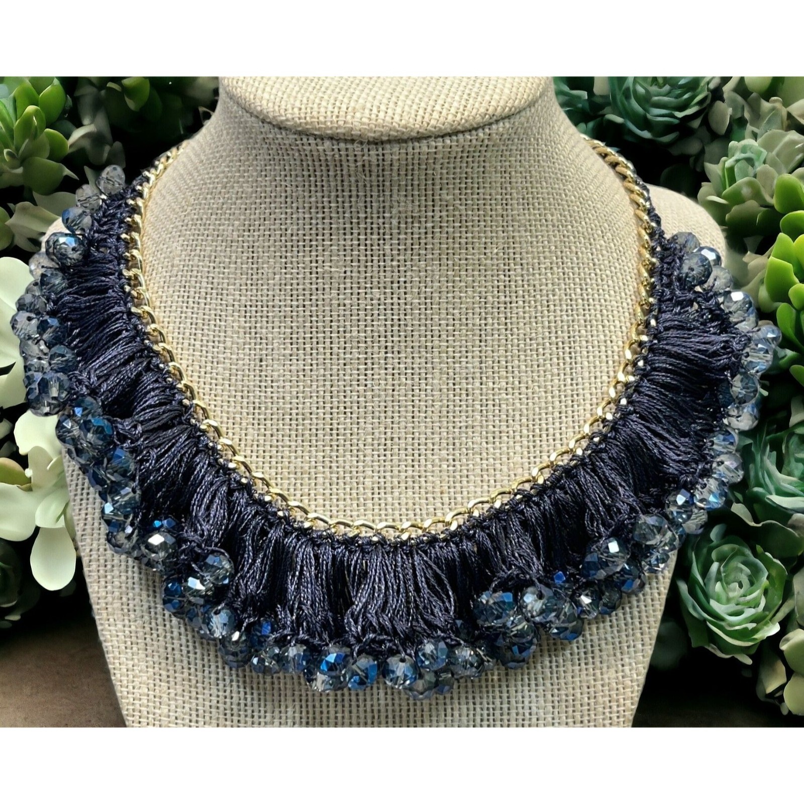 Vintage Blue Beaded Necklace Choker Crochet Bib Silver Tone 14″ Long