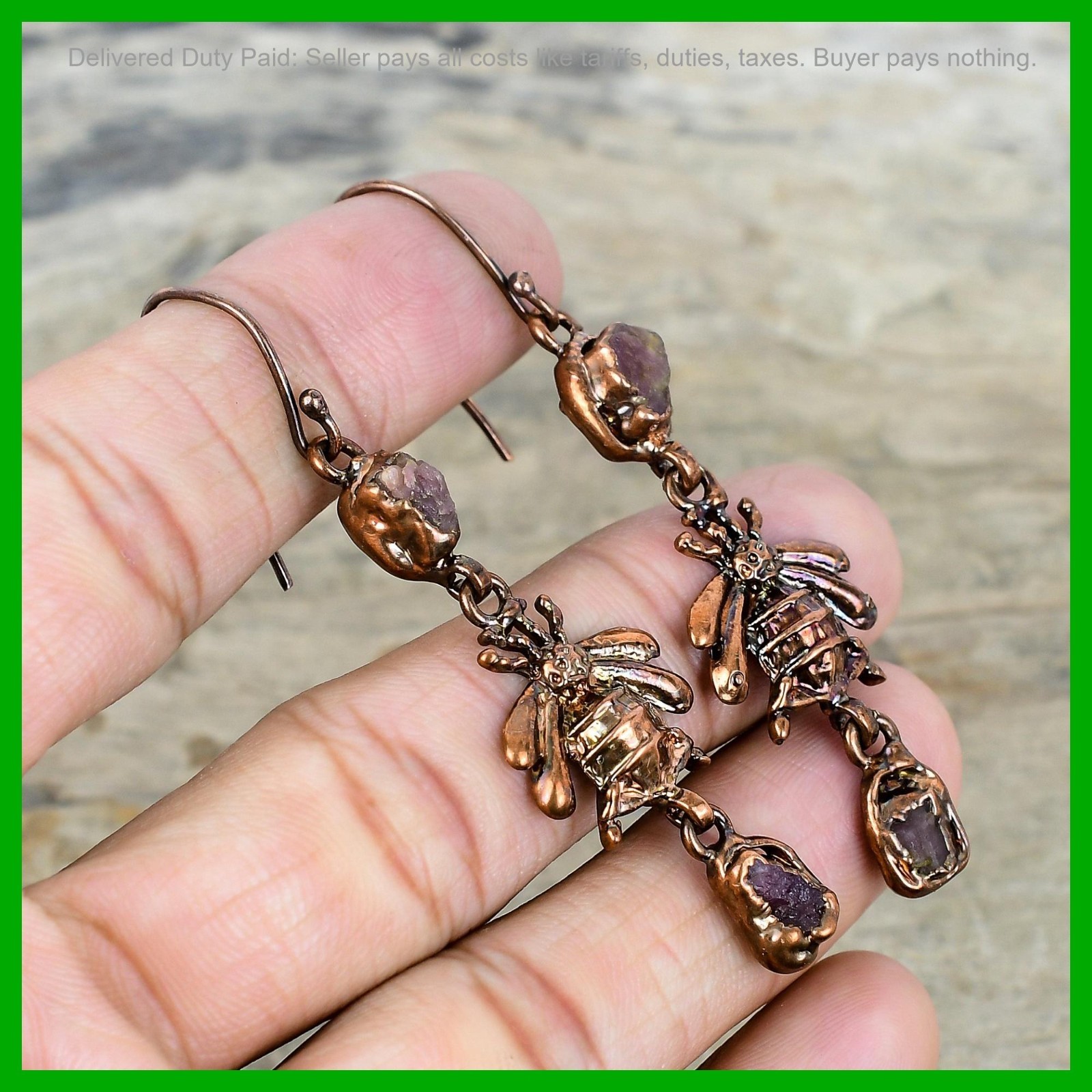 Pink Tourmaline Rough Gemstone Earrings Honey Bee Electroformed Copper Jewelry