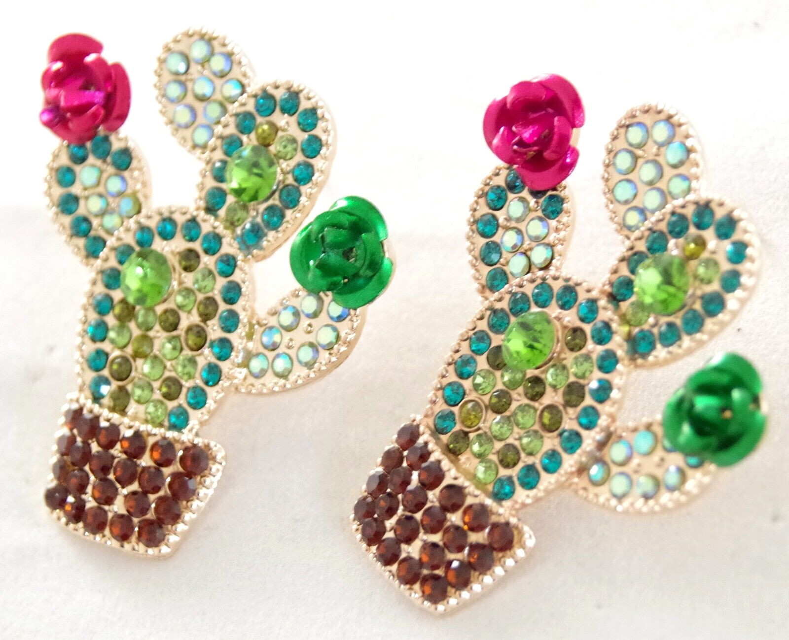 1.75″ BETSEY JOHNSON CRYSTAL RHINESTONE CACTI w 3D METAL CACTUS FLOWERS EARRINGS