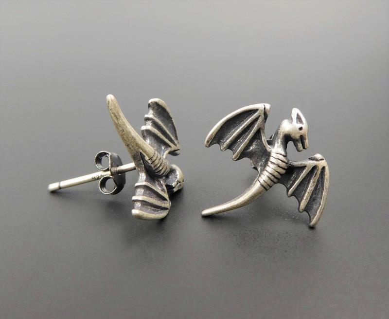 Handmade 925 Sterling Silver Small Open Wing Dragon Stud Earrings Unique Gothic