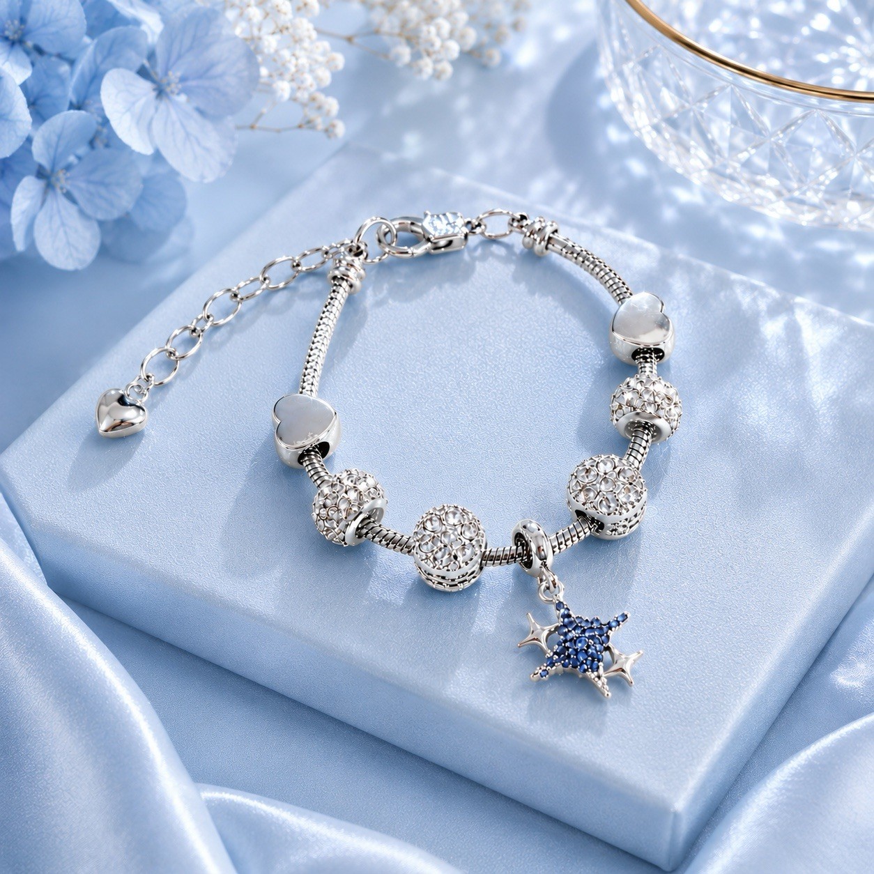 Silver Tone Blue Star Dangle Charm Pavé Crystal Adjustable Bracelet