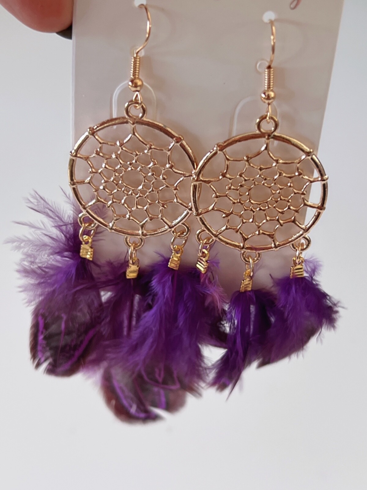 NEW Women Boho Ethnic Dark Purple Feather Dream Catcher Net Dangle Drop Earrings