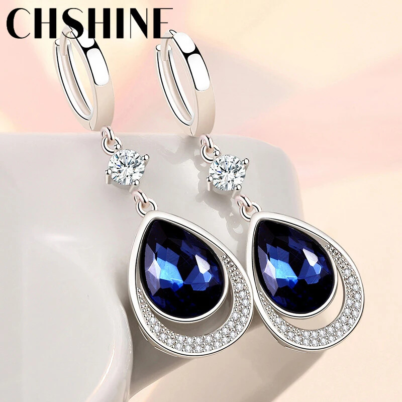 CHSHINE 925 Sterling Silver Water Drop Sapphire Earrings Fashion Charm Jewelry