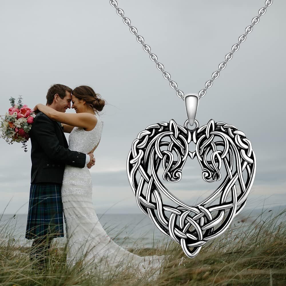 Celtic Knot Heart Horse Necklace Earrings Set Sterling Silver Gifts for Women