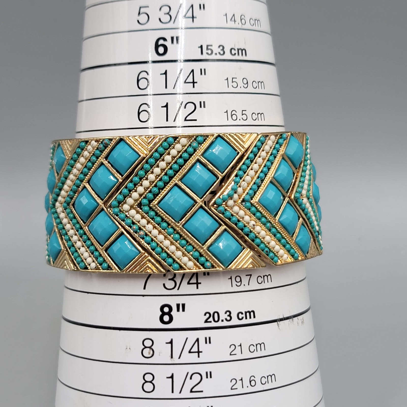Wide Blue Green Panel Bangle Bracelet Gold tone Elastic 7″ x 1.25″