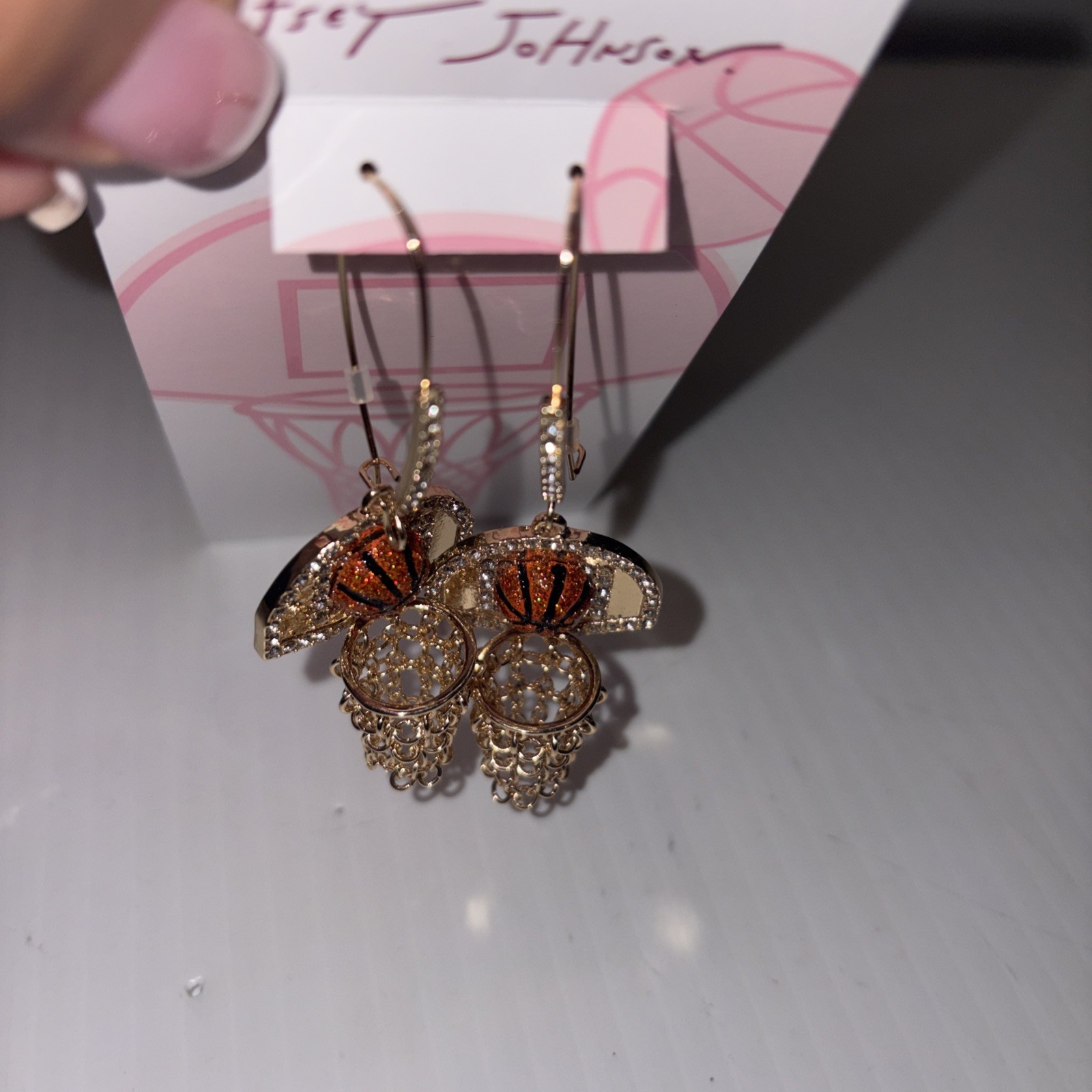 Betsey Johnson earrings Nothing But Net basketballs goldtone chains hooks NWT