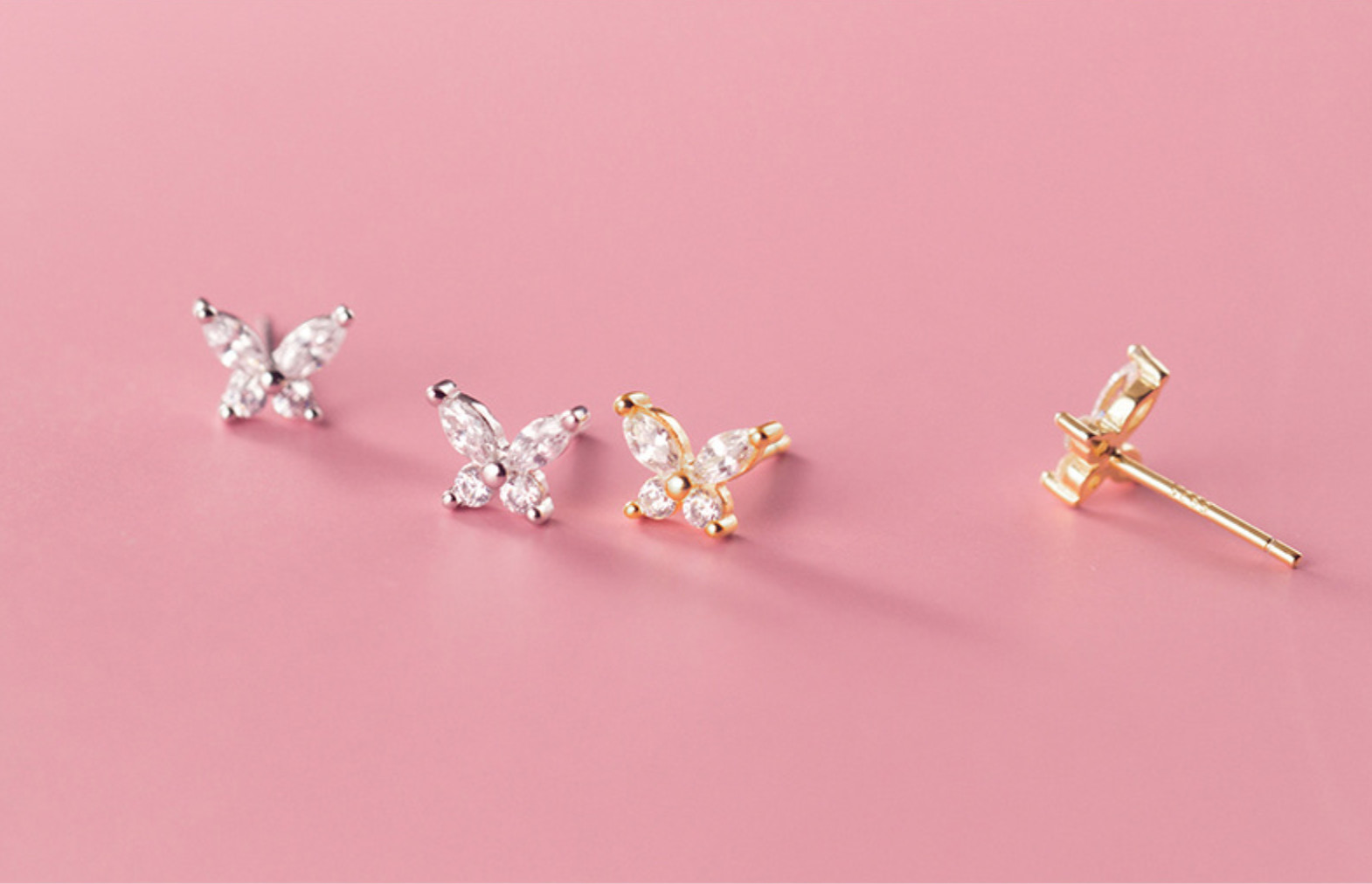 Tiny Butterfly Flower Pave Cubic Zirconia Silver/Gold Stud Earrings