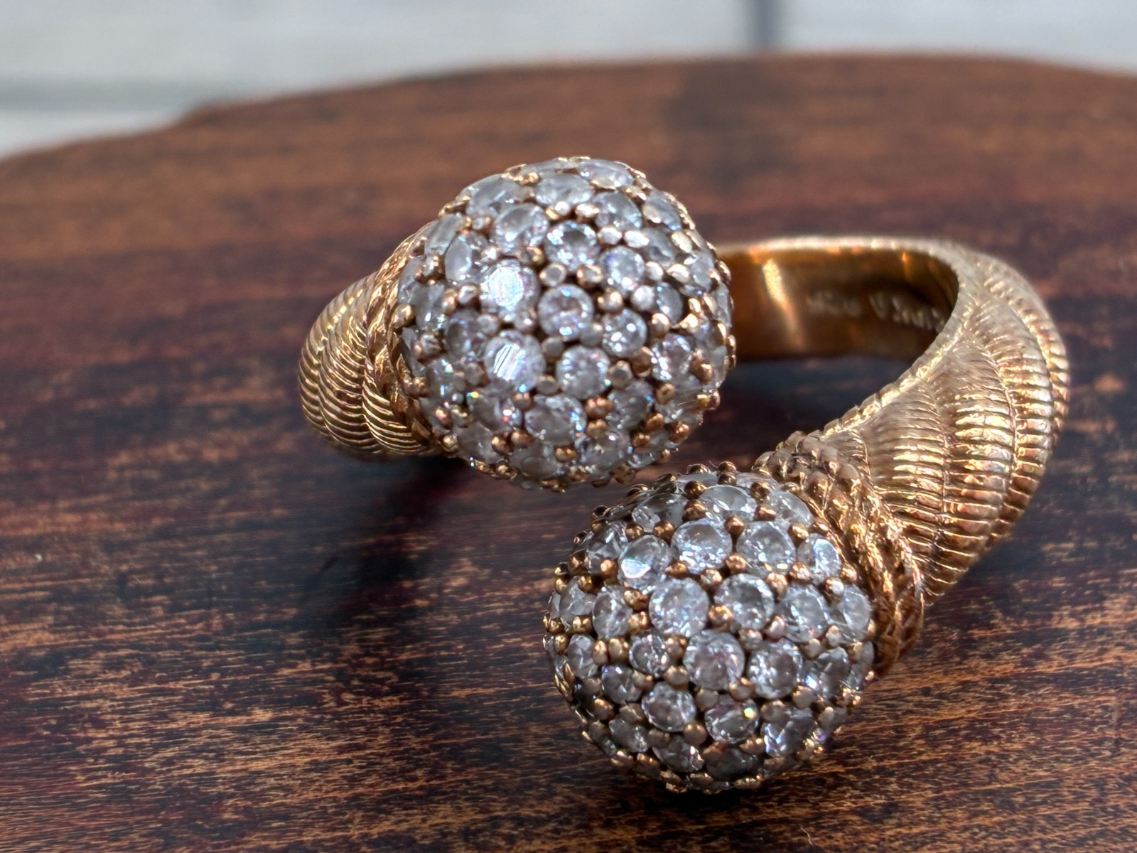 Vintage Judith Ripka Bypass Ring CZ Sphere Ball Tips Gold on Sterling Cable Band