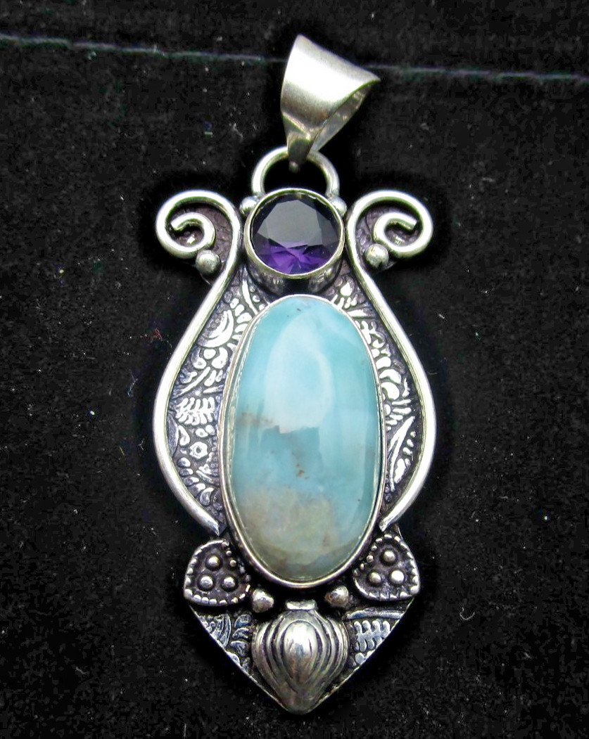 Larimar & Amethyst Gemstone Pendant , 925 silver, 2.25 inches
