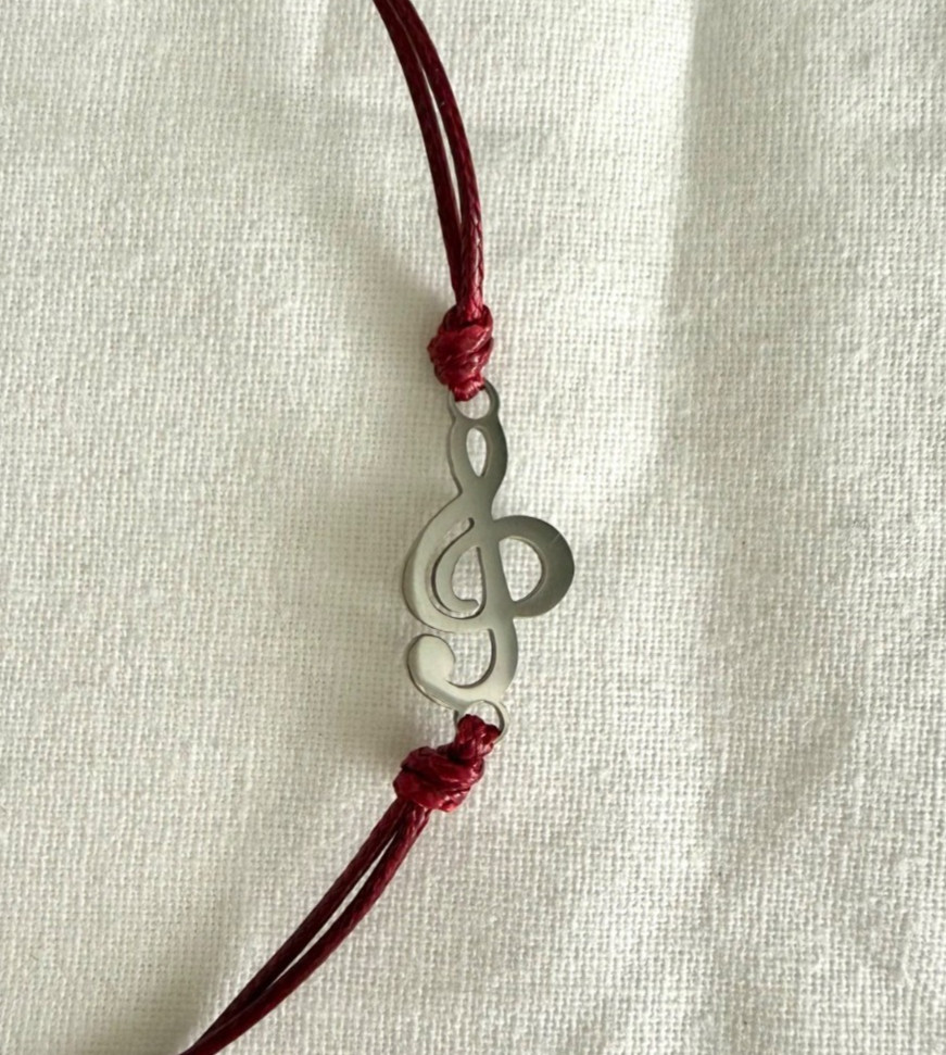 Music Wish Bracelet Stainless Steel Treble Clef Burgundy Red Woven Cord