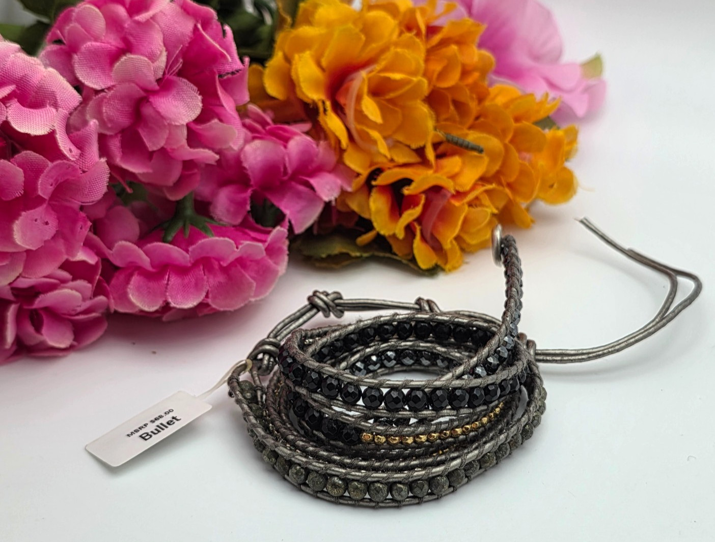 Lizou Bullet Wrap Bracelet Hematite Crystal Gray 35in Adjustable Toggle