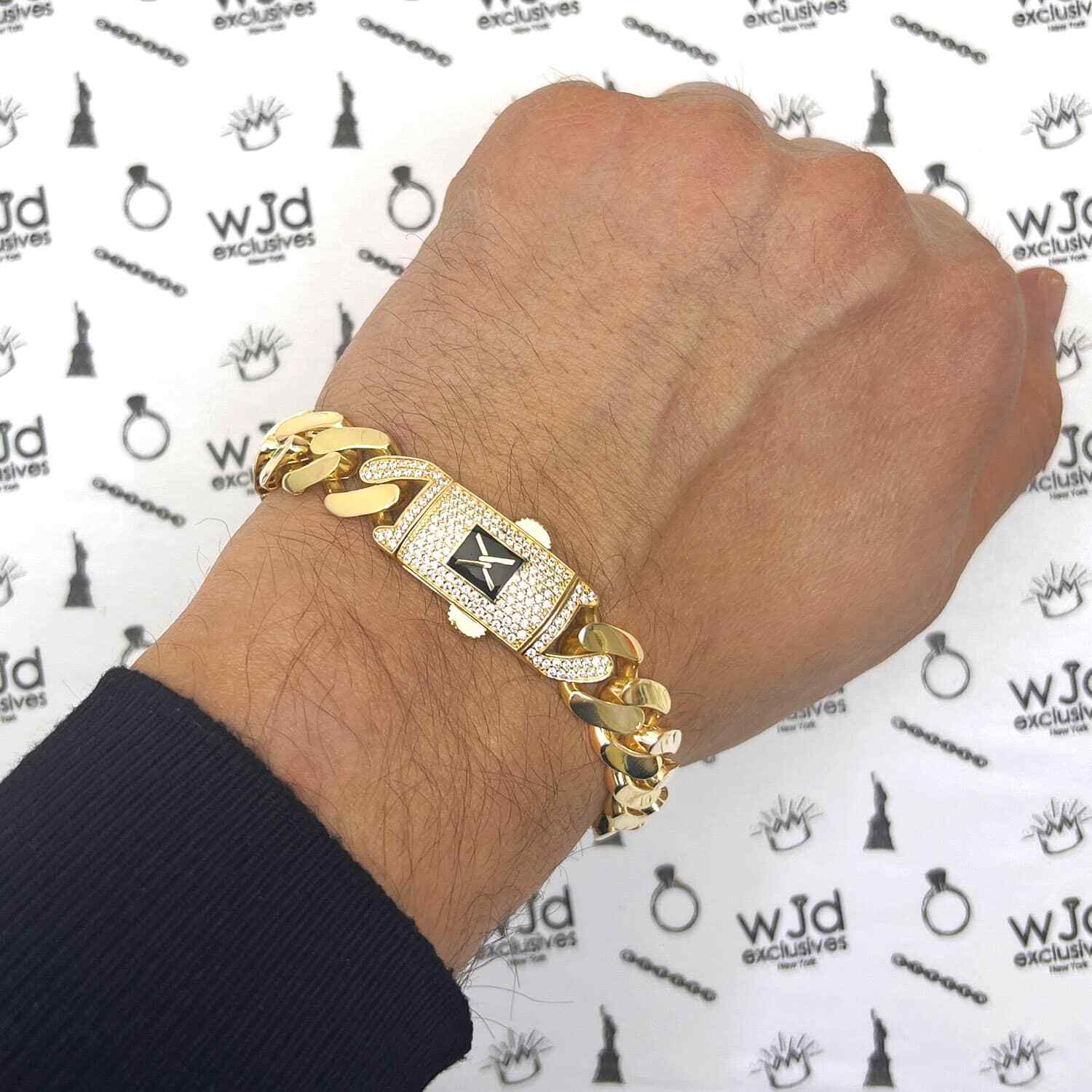 10K Gold Yellow 13mm Hollow Miami CZ Pave Box Clasp Bracelet 8.5″