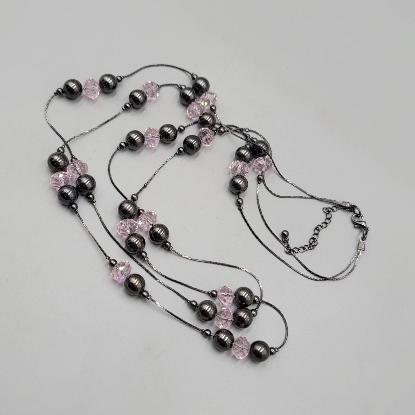 Double Black Chain Necklace Pink Glass Station Bead Long 28-30 in