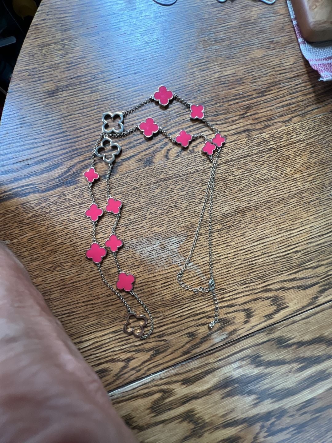 Clover Station Necklace with Pink Enamel and Gold-Tone Chain