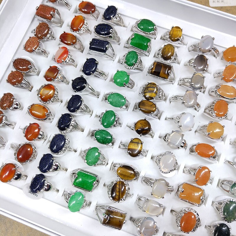 Wholesale 100Pcs Lot Mixed Ring Natural Stone Rings Women Gemstone Jewelry Bulk