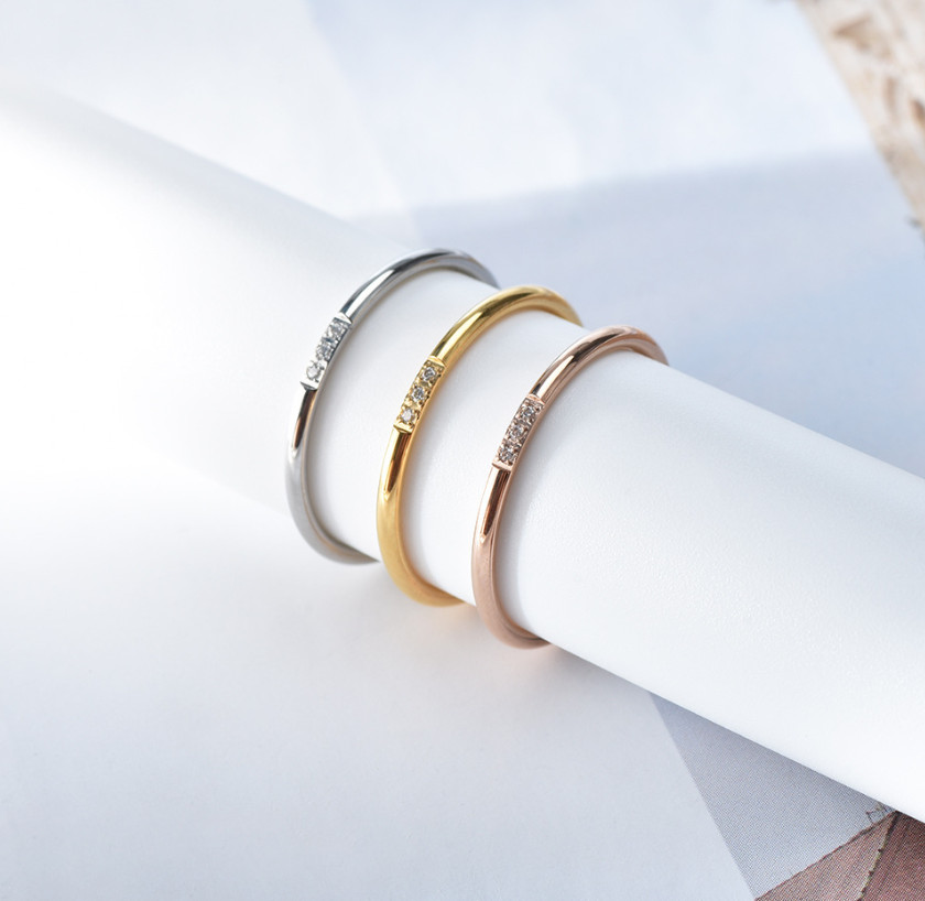 Women Thin 1mm Silver Gold Plated Stainless Steel CZ Inlay Stackable Ring Band